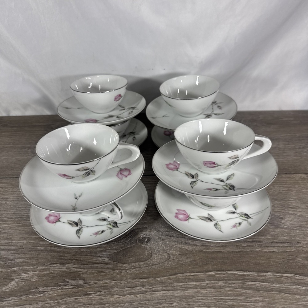 8‎ Sets Vintage Mid-Century Style House Fine China Dawn Rose Tea Cup/Saucer 1959